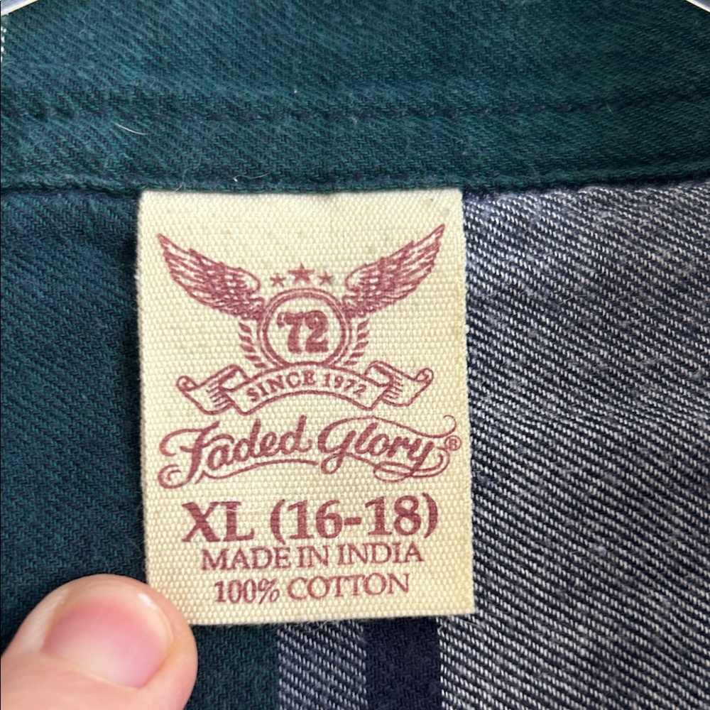 Kid's Size 16-18 Green and Navy Plaid Flannel button up Shirt - Picture 2 of 3